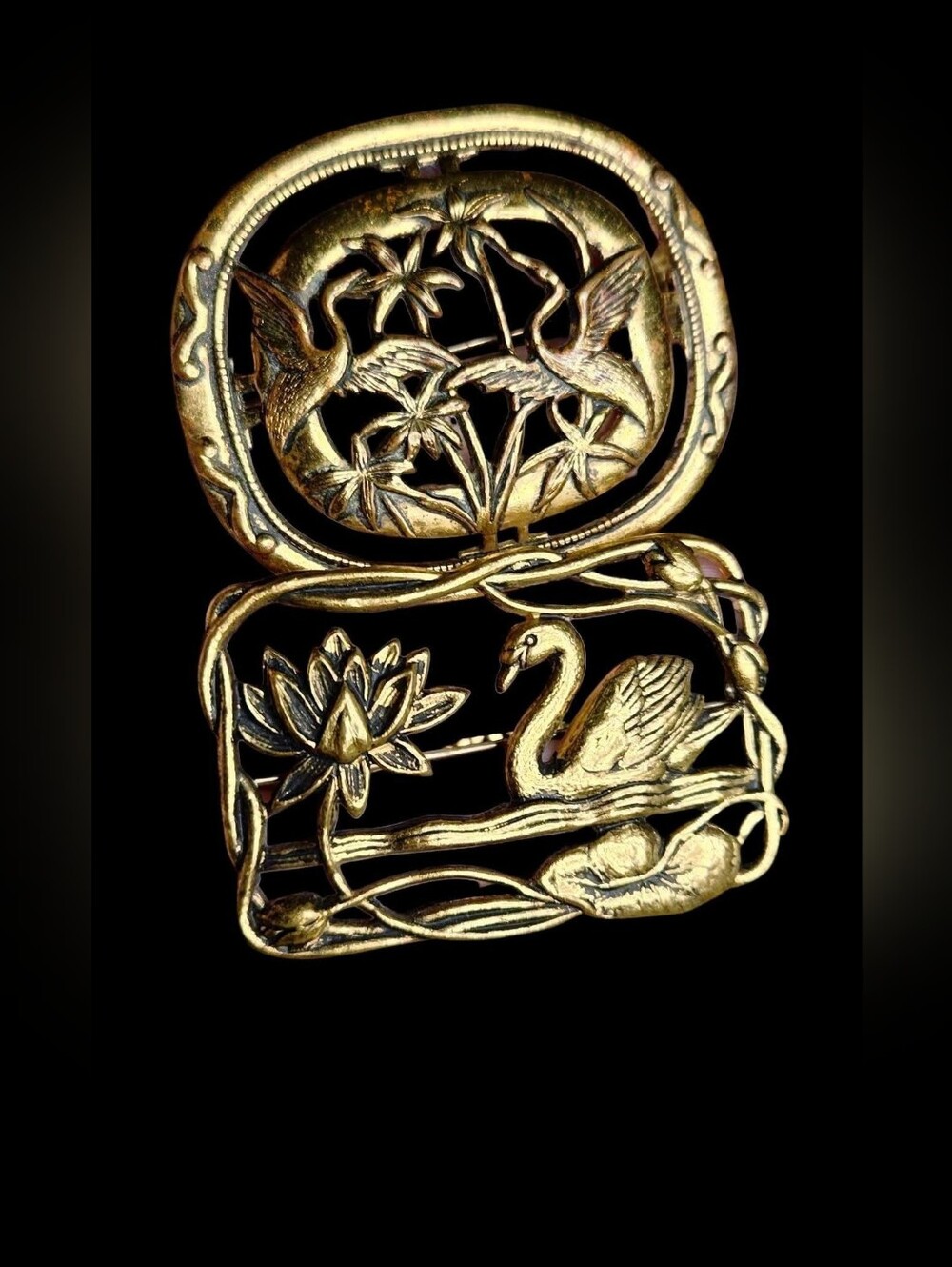 Vintage Art Nouveau Brass Swan and Heron Brooch Set (Circa 1900–1920s)